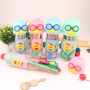 Close-up of cute cartoon duck containers with 12 to 36 washable watercolor pen sets