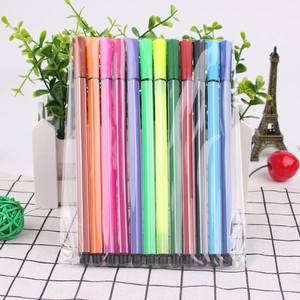 Detailed view of 12 colors washable watercolor pens set in plastic packaging on a plaid cloth