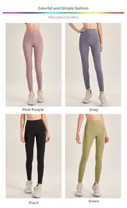 Details von High-Waist Yoga-Leggings in den Farben Violett, Grau, Schwarz und Grün