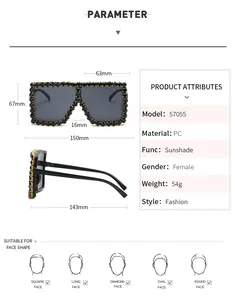 Detailed dimensions for oversized square sunglasses with black rhinestones and PC frame