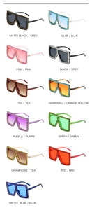 Detailed close-up showing 11 color variations of oversized rhinestone square sunglasses