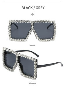 Detailed views of black oversized square sunglasses featuring premium silver rhinestones