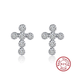 925 Sterling Silver Cross Stud Earrings For Women Zirconia Inlaid Platinum Plated Hypoallergenic Classic Jewelry Gift