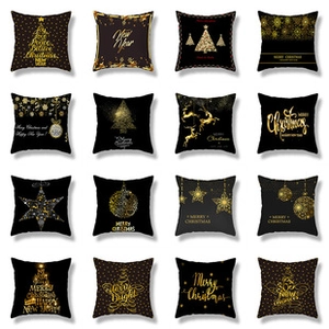 Macro display of 16 square Christmas pillowcases with gold holiday prints on black fabric