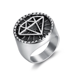 Punk vintage stainless steel signet ring for men with geometric diamond logo relief