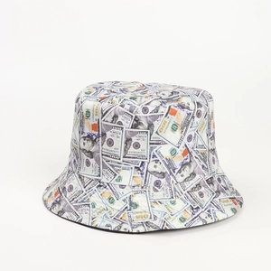 Detail of the dollar bill pattern and fabric texture on a green bucket sun hat