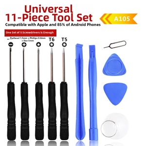 Detail of 11-piece universal phone repair kit with screwdrivers and prying tools