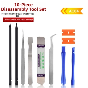 Detail view of 10-piece electronics repair tool set with tweezers and pry tools