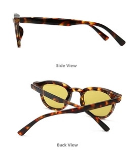 Side and back view of retro tortoiseshell frames with yellow lenses in a studio shot