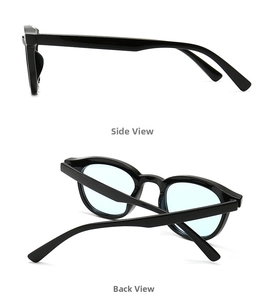 Side and back view of retro narrow black frame sunglasses with light blue lenses