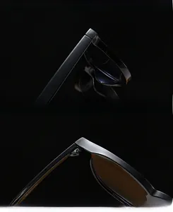 Detail view of reinforced thick lenses and high-quality metal hinge on black eyewear frames