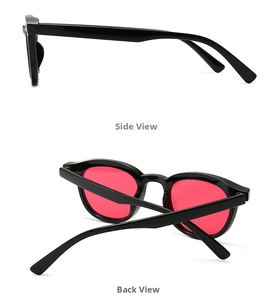 Detail view showing side and back of black rectangular frames with red tinted lenses