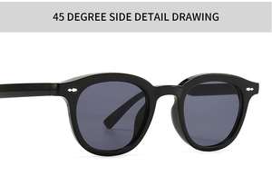 Detail view of 45-degree angle showing black frames with silver rivets and grey lenses