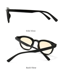 Side and back view of retro black narrow frame glasses with light yellow lenses