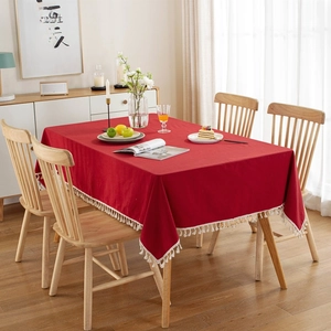 Modern solid red washed cotton tablecloth with white tassel fringe for dining room decor
