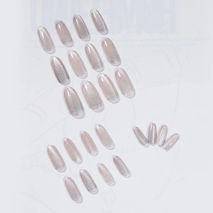 Long oval cat-eye press-on nails with silver pink shimmering glitter and glossy finish