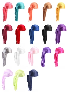 Selection of eighteen colorful silky satin durags for men and women in various vivid shades