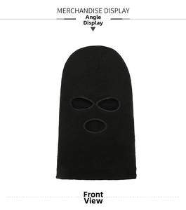 Front view of black three-hole knitted balaclava mask for winter wind protection