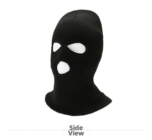 Detailed side view of a black 3-hole knitted balaclava with ribbed windproof texture