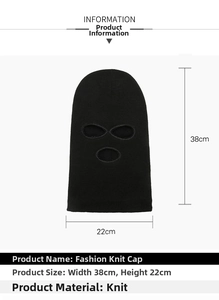 Detail view of black 3-hole knitted balaclava showing 38cm x 22cm size and texture