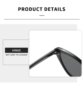 Close-up of durable metal hinges and white printed specifications on black cat-eye sunglasses