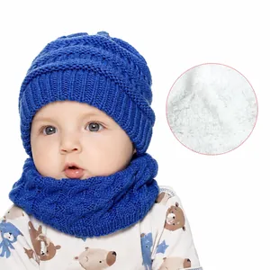 Baby Zuigeling Winter Warme Gebreide Muts en Sjaal Fleece Gevoerd Dikke Kabelpatroon Beanie Cap Halswarmer Voor Jongens Meisjes