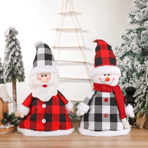 Christmas tree topper plush Santa and snowman decorations with red black buffalo plaid pattern