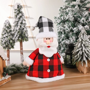 Christmas Tree Topper Santa Snowman Hat Figurine Ornament Plaid Checkered Fabric Festive Holiday Home Party Decor Decoration