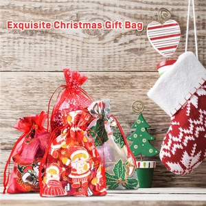 Exquisite Christmas organza gift bags with festive patterns and gold drawstring closure