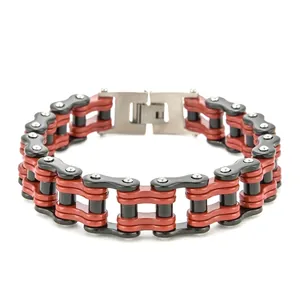 Bracciale da uomo a catena di motocicletta in acciaio inossidabile con maglie rosse e nere