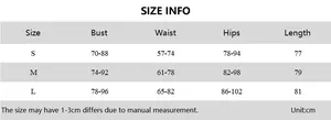 Detailed size chart for women's sleeveless bodycon dress including bust and waist info