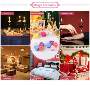 Diverse scene che mostrano romantiche candele profumate a forma di cuore in vari colori