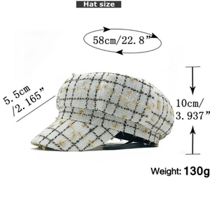 Detailed size chart for the plaid tweed newsboy hat showing dimensions and weight
