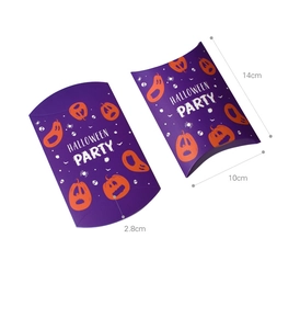 Detail view of purple Halloween pillow gift box with pumpkin prints and dimensions