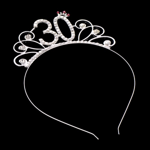 Macro shot of sparkling silver rhinestone birthday crown headband with number 30 detail