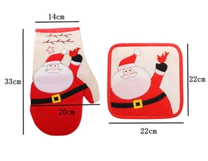 Detailed view of Christmas oven mitt and pot holder set with dimensions on white background