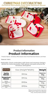 Size chart for Santa and Snowman oven mitts and pot holders with dimensions and weight info