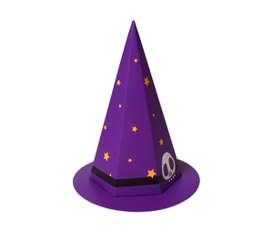 Detail of purple Halloween wizard hat gift box featuring yellow stars and skull print