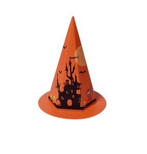 Detail of orange Halloween cone gift box with cartoon castle, bat and pumpkin patterns