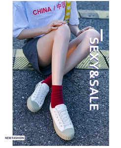 Close-up of white canvas sneaker with wavy rubber toe cap and red ribbed cotton socks