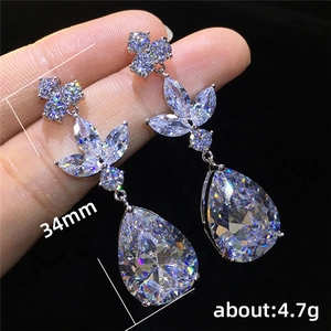 Exquisite silver-plated teardrop earrings with large clear cubic zirconia stones