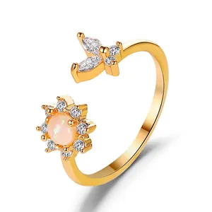 18K gold butterfly and sunflower open ring with pink opal stone and white zircon
