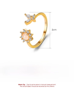 Detailed size chart of a 1.4g copper ring with pink opal butterfly and flower design