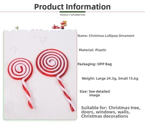 Detail of red and white spiral lollipop Christmas tree ornaments with transparent hooks