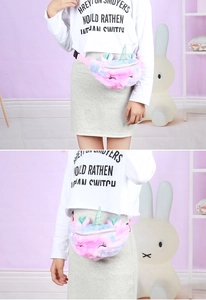 Detailed plush unicorn waist bag with gradient macaron colors and sequins