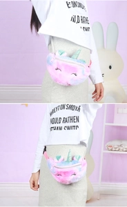 Detail of cute plush unicorn waist bag with rainbow sequins and adjustable pink strap