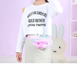 Detail view of colorful unicorn plush waist bag with glitter horn and adjustable strap
