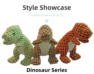 Three colorful plush dinosaur dog squeak toys with durable textured grid fabric surface
