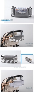 Detailed view of stroller organizers in grey wave and stripe patterns for baby gear storage