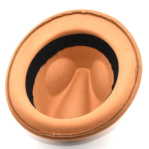 Classic camel wool fedora hat with wide brim and black inner sweatband in high detail
